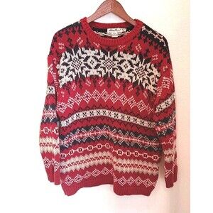 Vintage Eddie Bauer Sweater Large Red Navy White Fair Isle Snowflake Cotton 90s